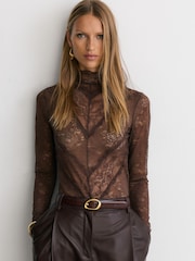 Reiss Mocha Brown Asher Lace Long-Sleeve High-Neck Top - Image 1 of 7