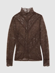 Reiss Mocha Brown Asher Lace Long-Sleeve High-Neck Top - Image 2 of 7
