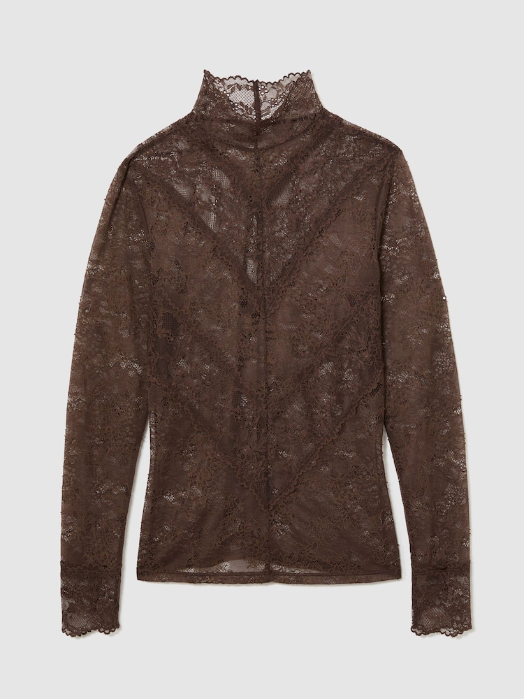 Reiss Mocha Brown Asher Lace Long-Sleeve High-Neck Top - Image 2 of 7 Reiss Mocha Brown Asher Lace Long-Sleeve High-Neck Top - Image 2 of 7