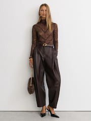 Reiss Mocha Brown Asher Lace Long-Sleeve High-Neck Top - Image 4 of 7