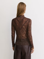 Reiss Mocha Brown Asher Lace Long-Sleeve High-Neck Top - Image 6 of 7