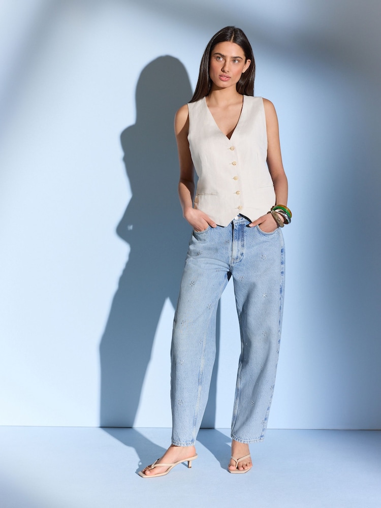 Verzierung, Mittelblau - Barrel Jeans 100% Baumwolle - Bild 1 von 6