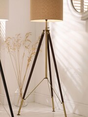 Pacific Brass Tan Leather and Antique Brass Tripod Floor Lamp - Image 1 of 5