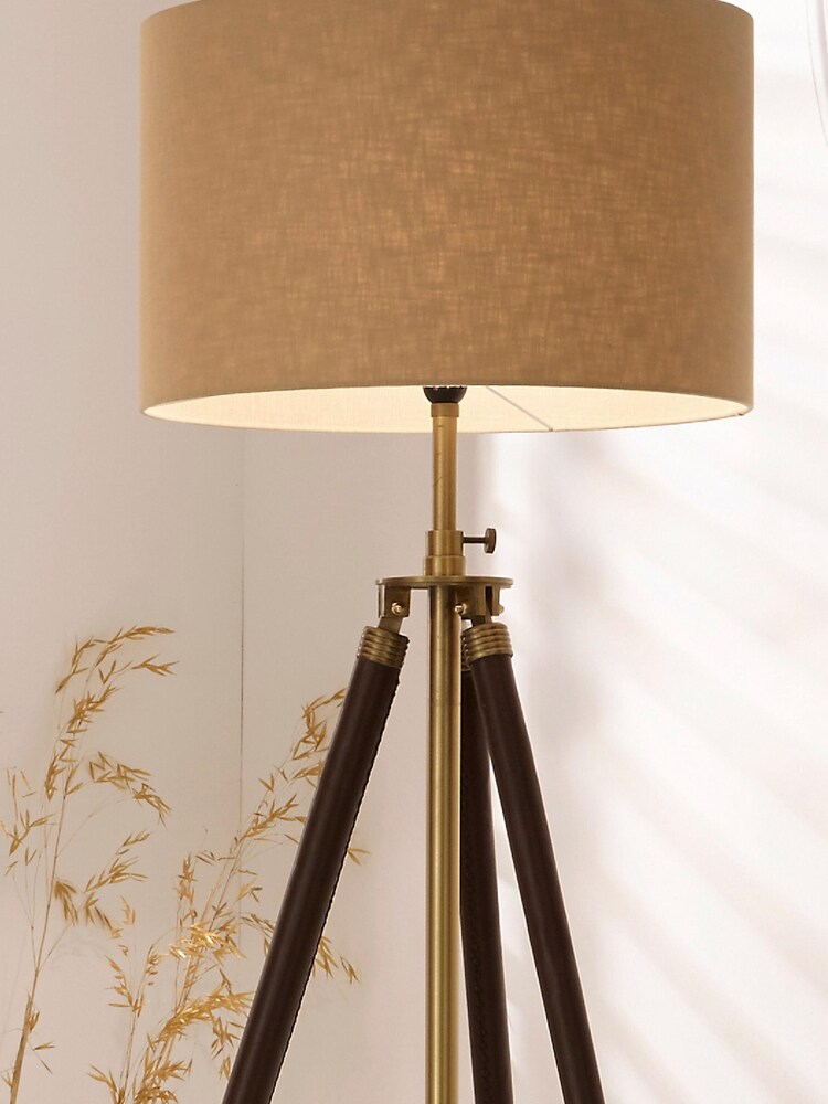 Pacific Brass Tan Leather and Antique Brass Tripod Floor Lamp - Image 2 of 5