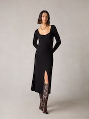 Ro&Zo Petite Rib Knit Sweetheart Neckline Black Midi Dress - Image 1 of 7