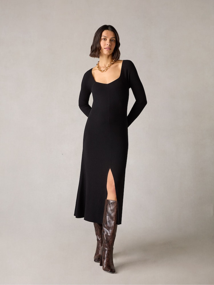Ro&Zo Petite Rib Knit Sweetheart Neckline Black Midi Dress - Image 1 of 7