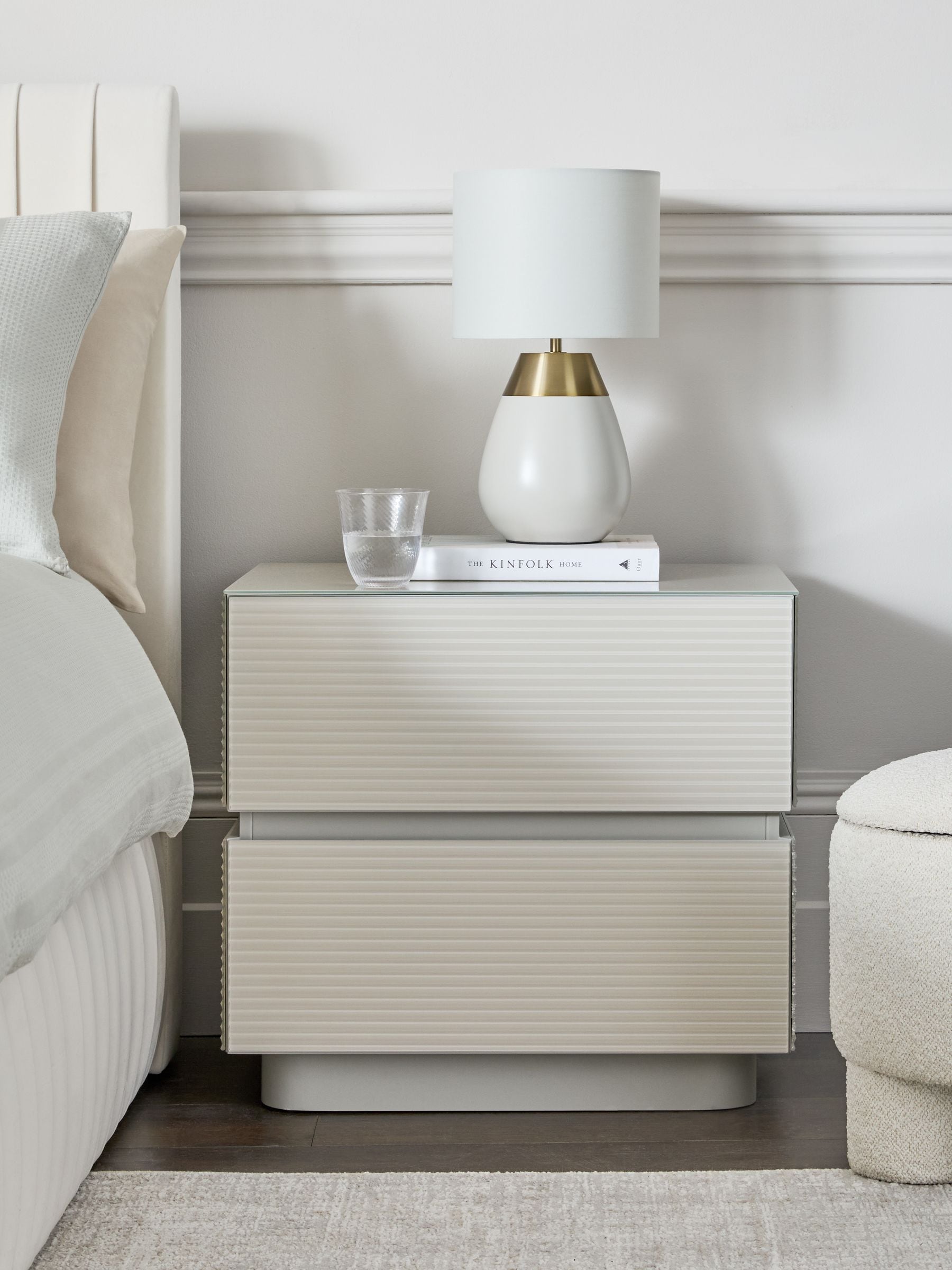Light Grey Sloane Ribbed Glass 2 Drawer Wide Bedside Table