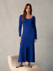 Ro&Zo Blue Rib Knit Sweetheart Neckline Midi Dress - Image 1 of 6