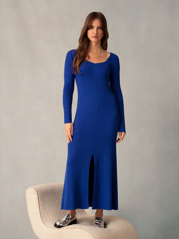 Ro&Zo Blue Rib Knit Sweetheart Neckline Midi Dress - Image 1 of 6