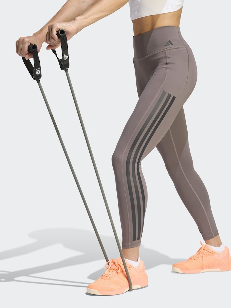 adidas Brown Optime Workout 3-Stripes 7/8 Leggings - Image 1 of 6 adidas Brown Optime Workout 3-Stripes 7/8 Leggings - Image 1 of 6