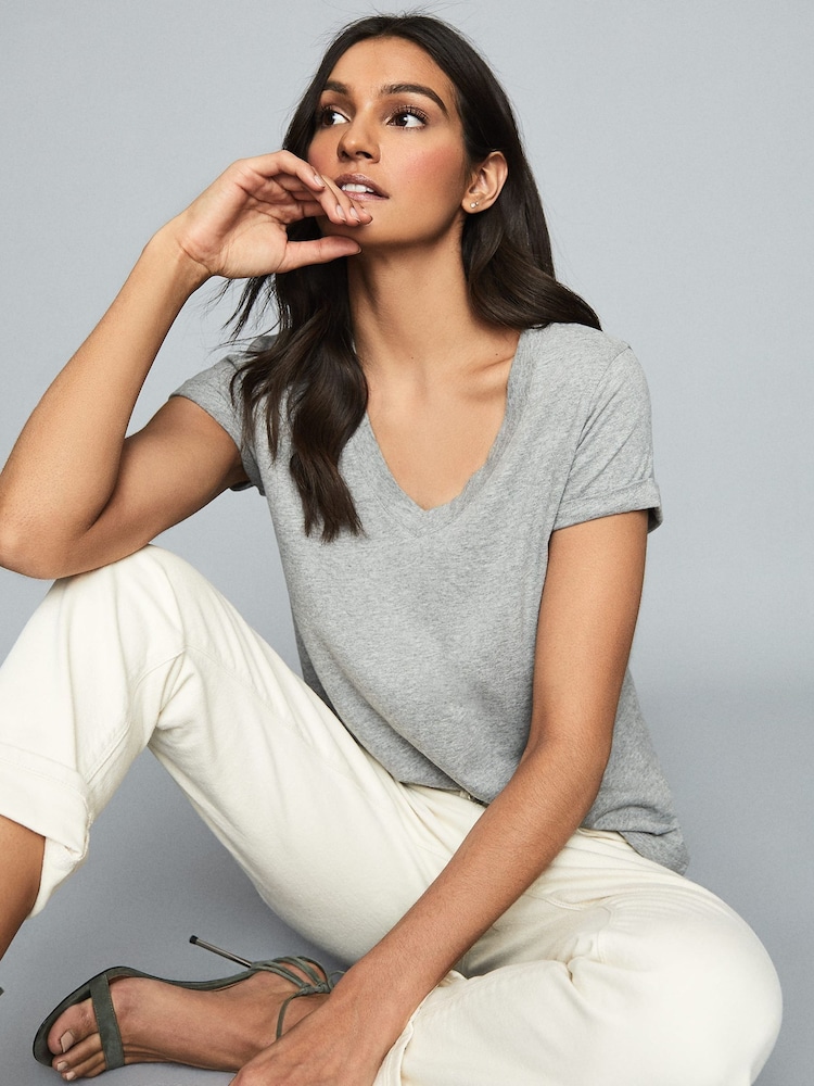 REISS Grey Luana 100% Cotton Jersey V-Neck T-Shirt - Image 3 of 7