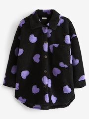 Schwarz/Violett/Herzprint - Hemdjacke aus Teddy-Fleece (3–16 Jahre) - Bild 1 von 4