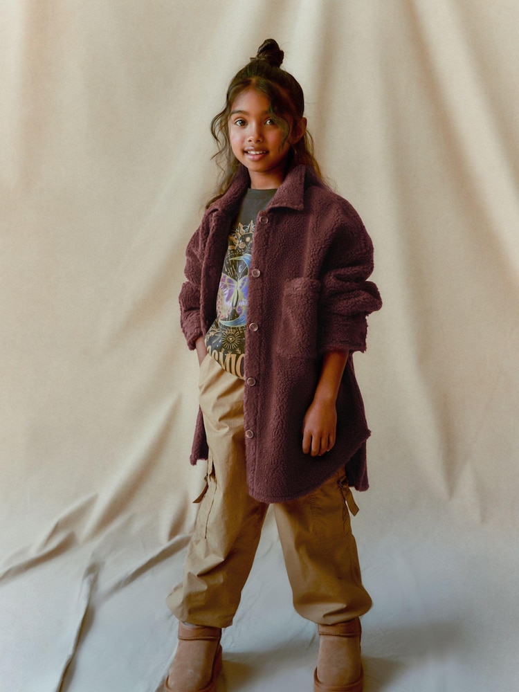 Chocolate Brown Teddy Borg Fleece Shacket (3-16yrs) - Image 1 of 8
