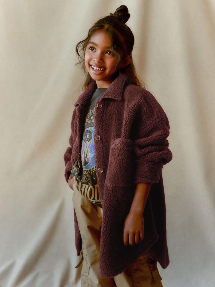 Chocolate Brown Teddy Borg Fleece Shacket (3-16yrs) - Image 2 of 8