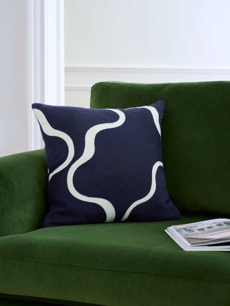 Jasper Conran London Navy Blue 100% Cotton Wiggle Embroidered Feather Filled Cushion - Image 1 of 3