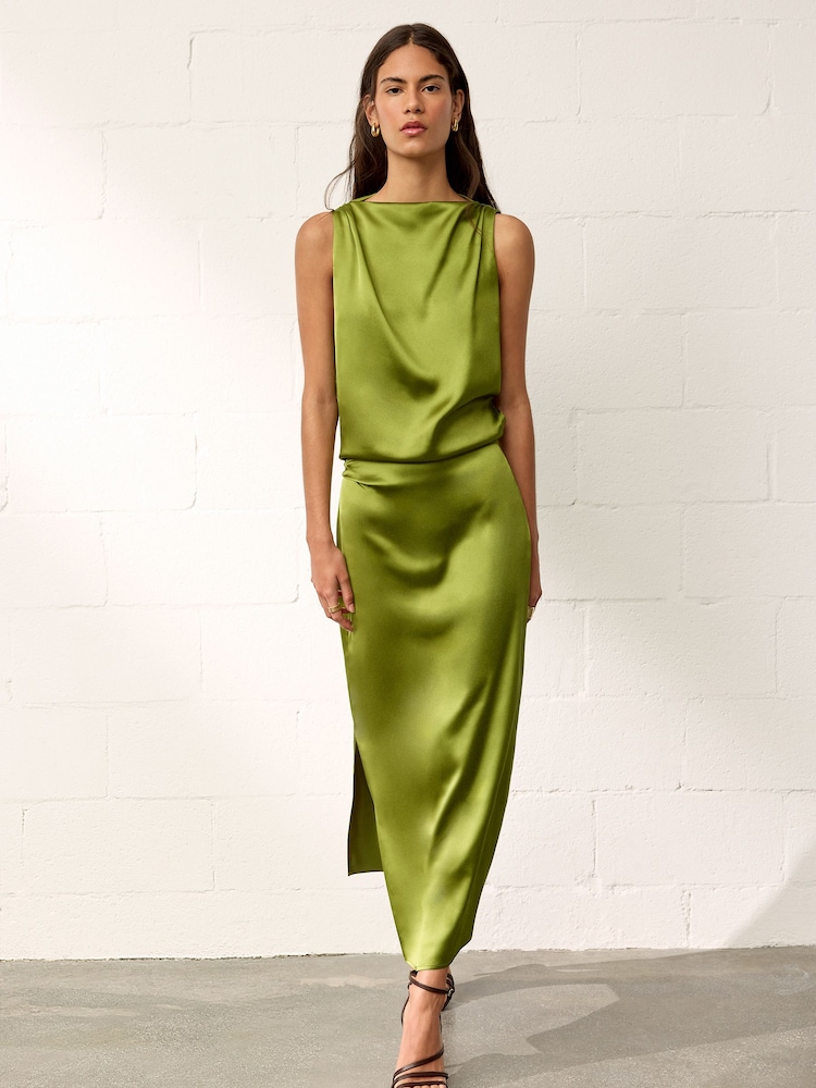 BHOEM Green Draped Satin Sleeveless Midi Dress - Image 1 of 5 BHOEM Green Draped Satin Sleeveless Midi Dress - Image 1 of 5