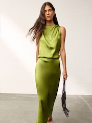 BHOEM Green Draped Satin Sleeveless Midi Dress - Image 3 of 5