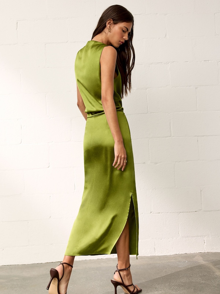 BHOEM Green Draped Satin Sleeveless Midi Dress - Image 5 of 5 BHOEM Green Draped Satin Sleeveless Midi Dress - Image 5 of 5