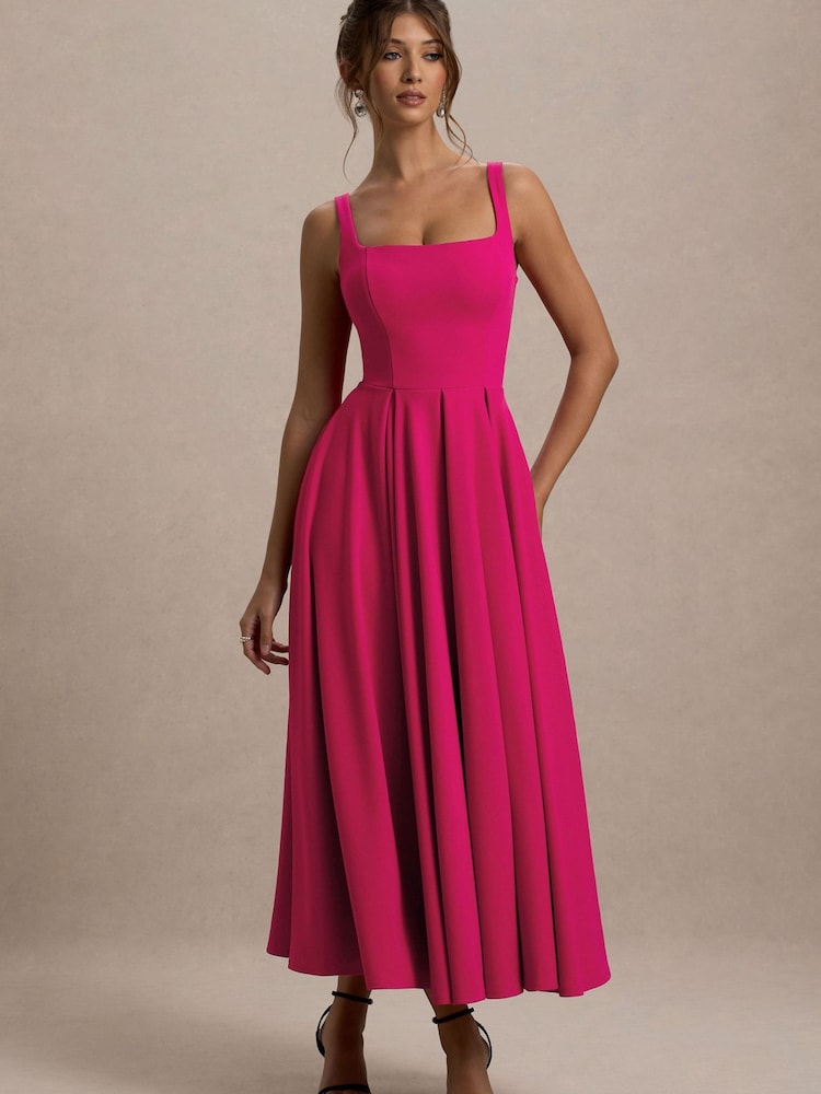Club L London Dark Pink Strappy Volume Hem Midi Dress - Image 1 of 5
