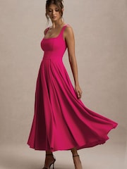 Club L London Dark Pink Strappy Volume Hem Midi Dress - Image 4 of 5