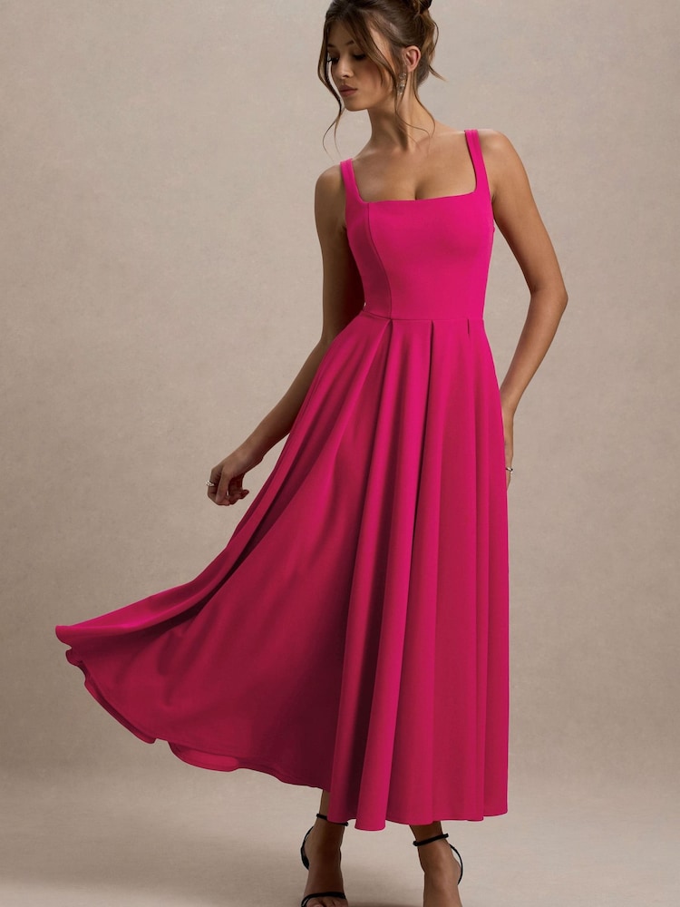 Club L London Dark Pink Strappy Volume Hem Midi Dress - Image 5 of 5