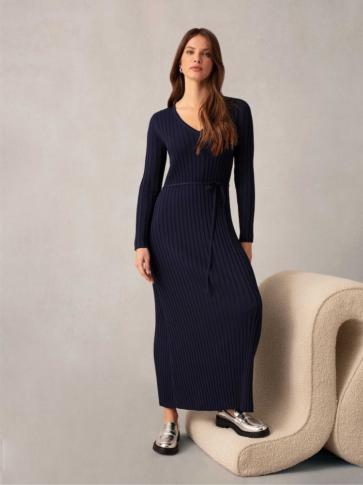Ro&Zo Breit geripptes Strickkleid mit V-Ausschnitt, Blau - Bild 1 von 5