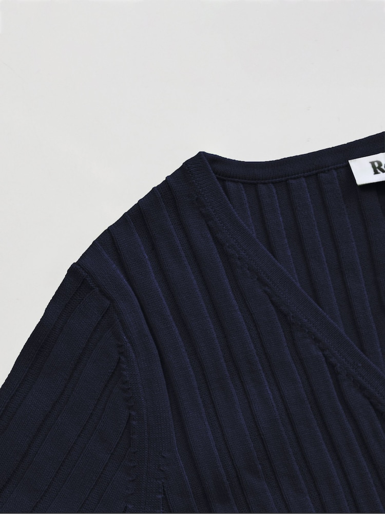 Ro&Zo Breit geripptes Strickkleid mit V-Ausschnitt, Blau - Bild 5 von 5