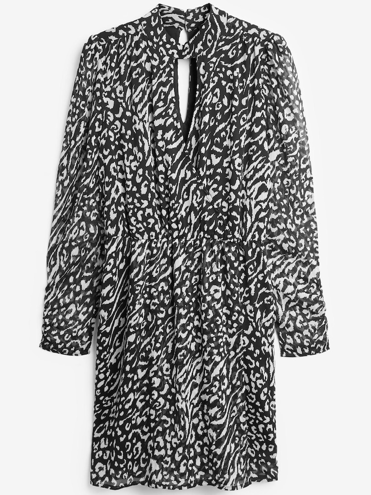 Black/White Animal Print Cut-Out Chiffon Mini Dress - Image 1 of 1 Black/White Animal Print Cut-Out Chiffon Mini Dress - Image 1 of 1