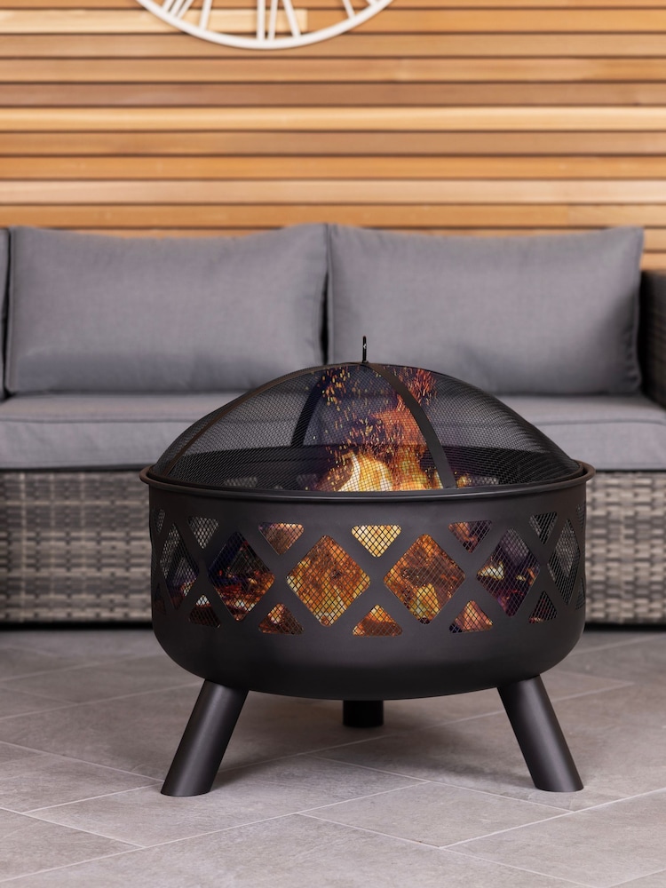 Charles Bentley Black Large Round Garden Outdoor Metal Fire Pit With Mesh - Image 1 of 4