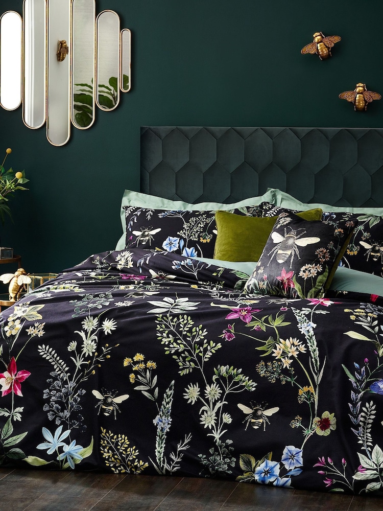 Wylder Black Midnight Bee Floral Printed Velvet Duvet Cover and Pillowcase Set - Image 1 of 6