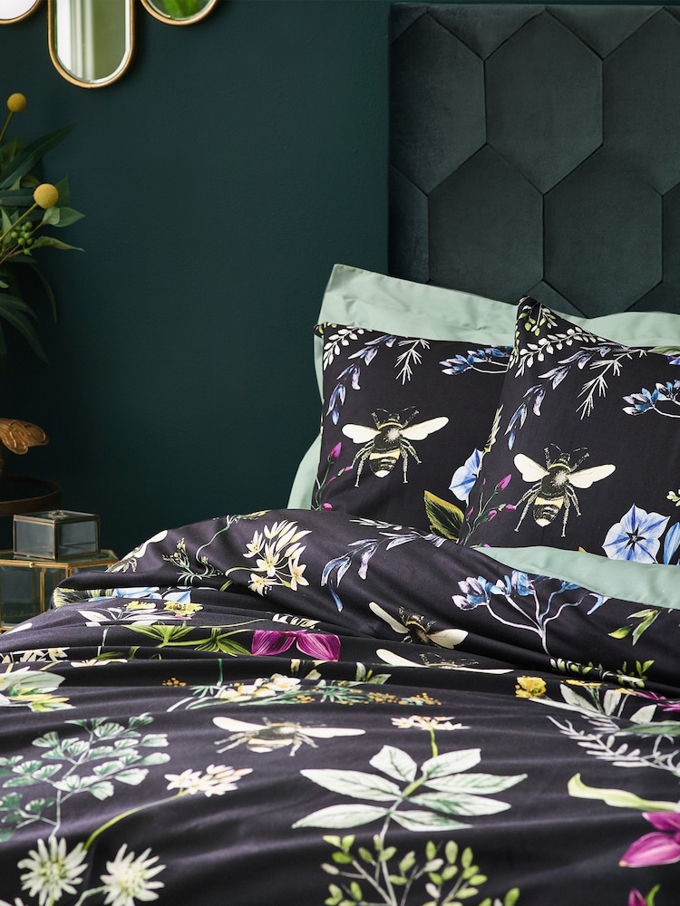 Wylder Black Midnight Bee Floral Printed Velvet Duvet Cover and Pillowcase Set - Image 2 of 6