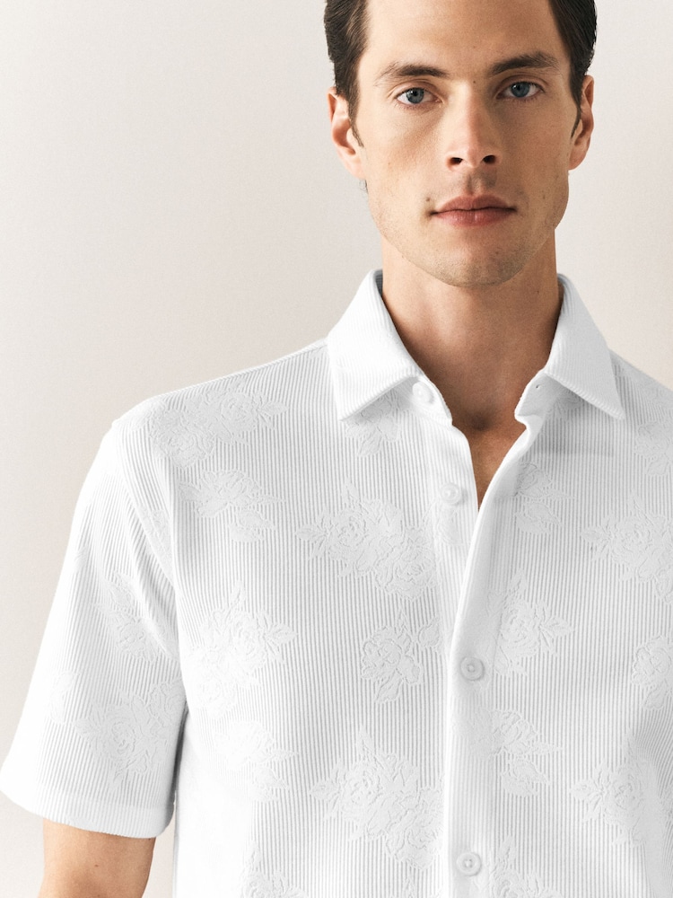 White Floral Jacquard Jersey Short Sleeve Shirt - Image 1 of 8