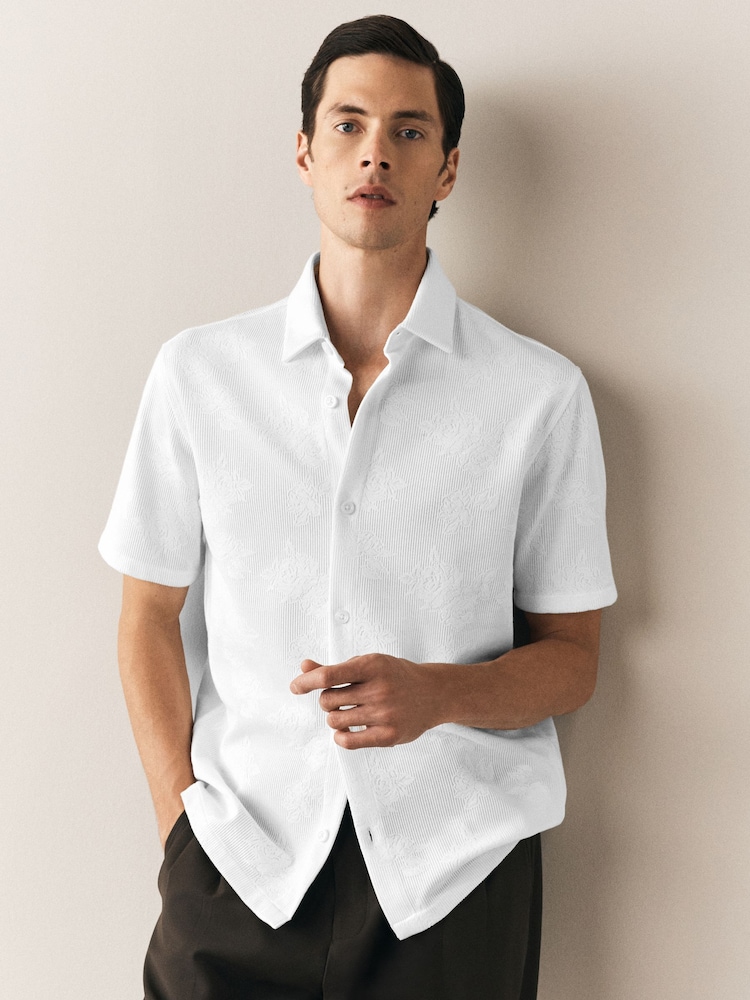 White Floral Jacquard Jersey Short Sleeve Shirt - Image 2 of 8