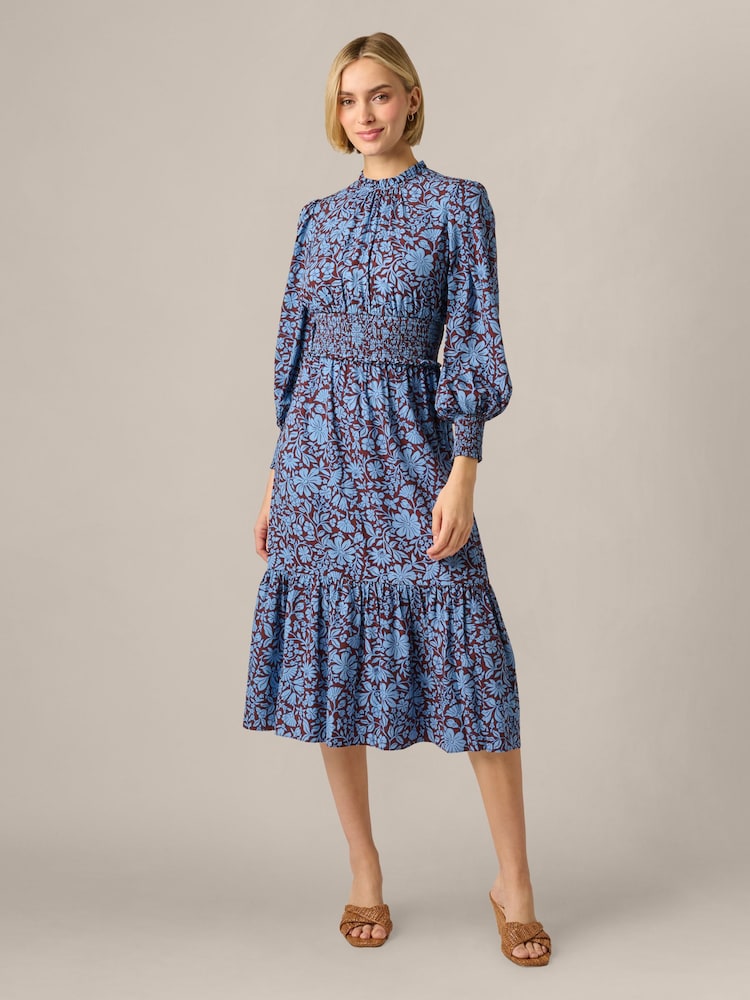 Adrianna Papell Brown Print Smocked Midi Dress - Image 1 of 6