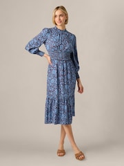 Adrianna Papell Brown Print Smocked Midi Dress - Image 4 of 6