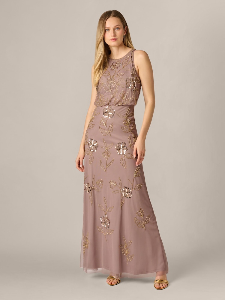 Adrianna Papell Purple Halter Blouson Bead Dress - Image 1 of 6