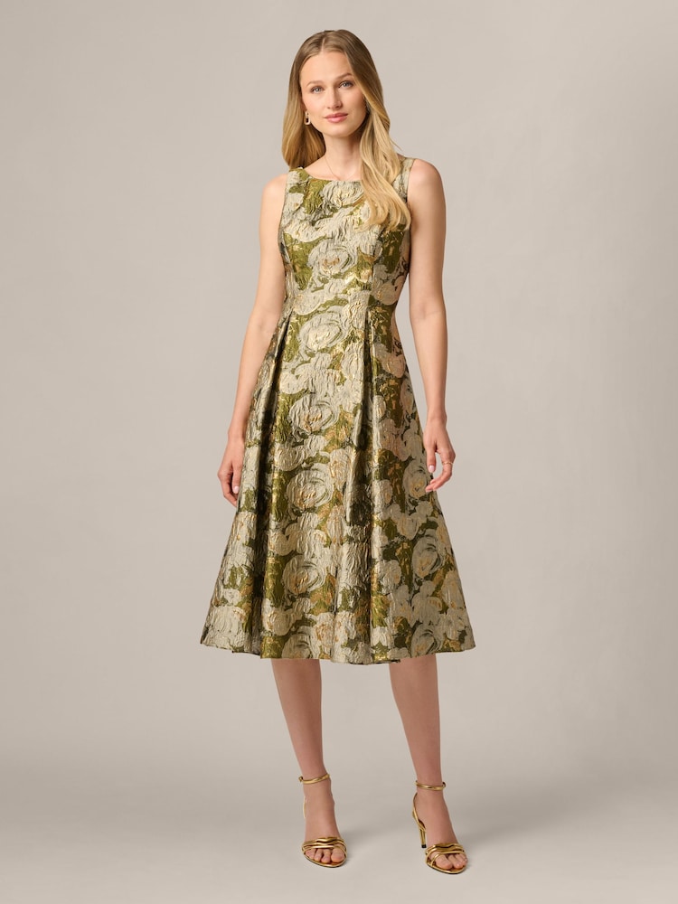 Adrianna Papell Green Boat Neck Jacquard Midi Dress - Image 1 of 6
