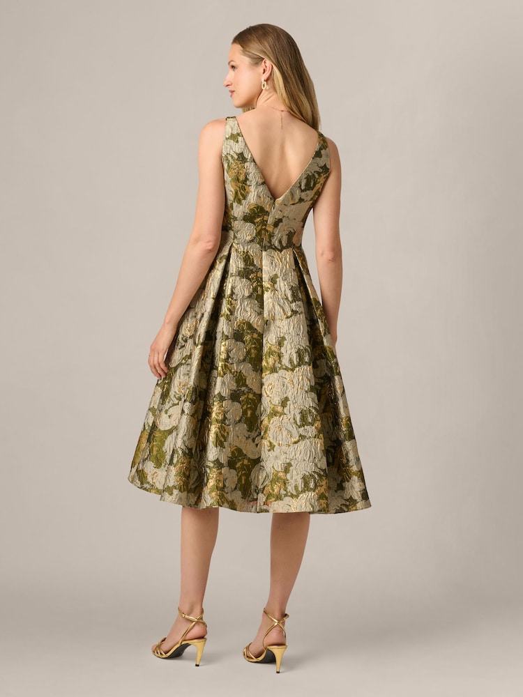 Adrianna Papell Green Boat Neck Jacquard Midi Dress - Image 2 of 6