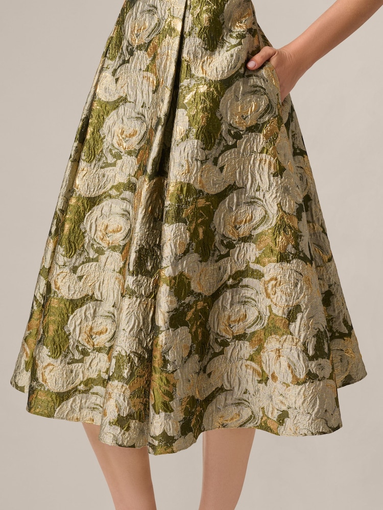 Adrianna Papell Green Boat Neck Jacquard Midi Dress - Image 6 of 6