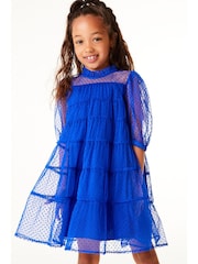 Cobalt Blue Tiered Mesh Dress (3-16yrs) - Image 1 of 6