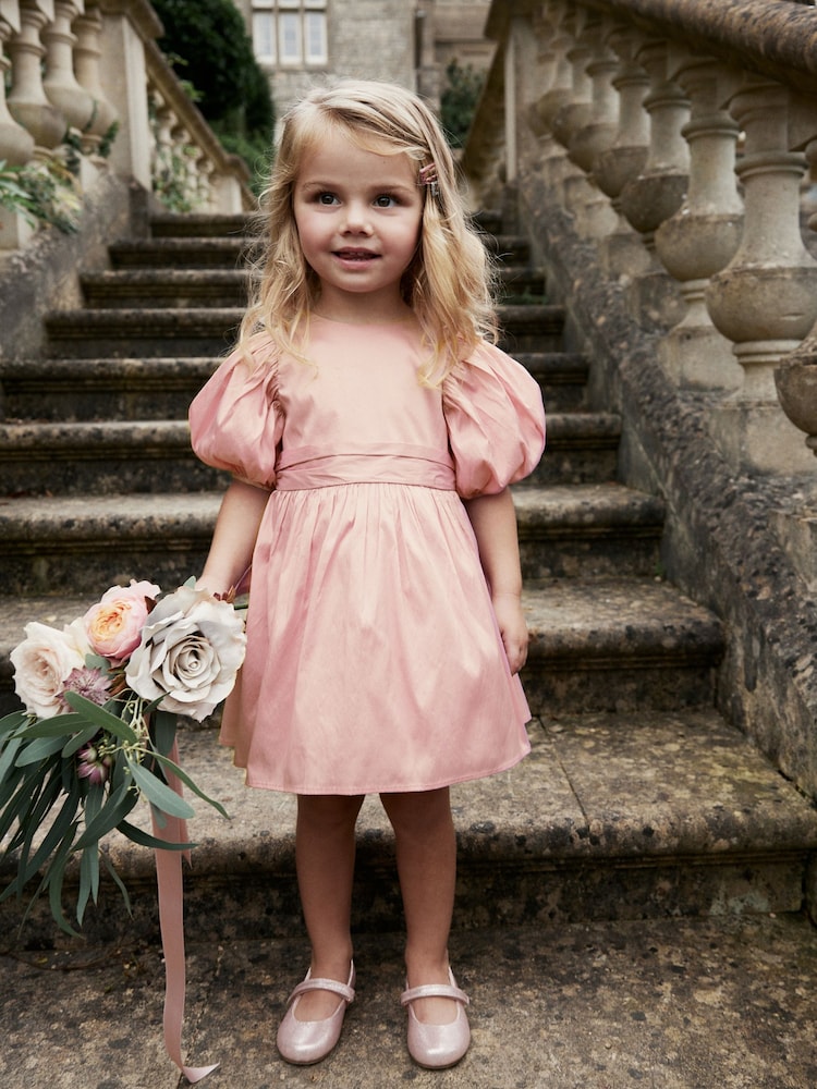 Pink Girl Taffeta Flower Print Bow Dress (3mths-8yrs) - Image 1 of 7