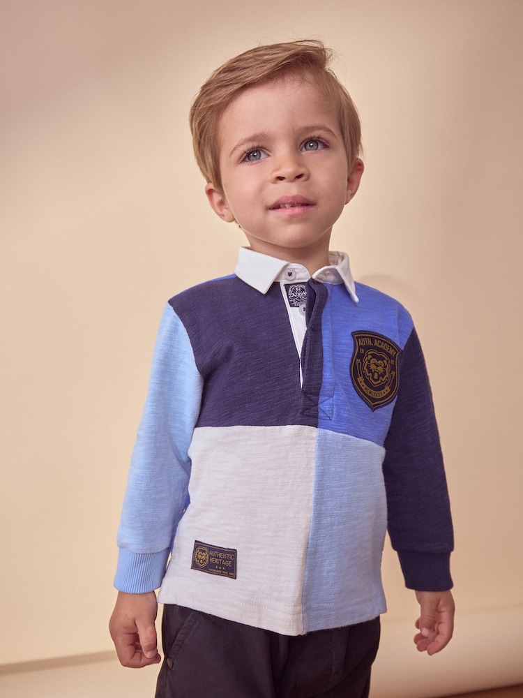 Blue 100% Cotton Long Sleeve Rugby Polo Shirt (3mths-7yrs) - Image 1 of 8
