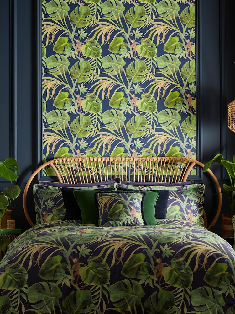 Clarke & Clarke Indigo Blue Monkey Business Duvet Cover and Pillowcase Set - Image 1 of 4