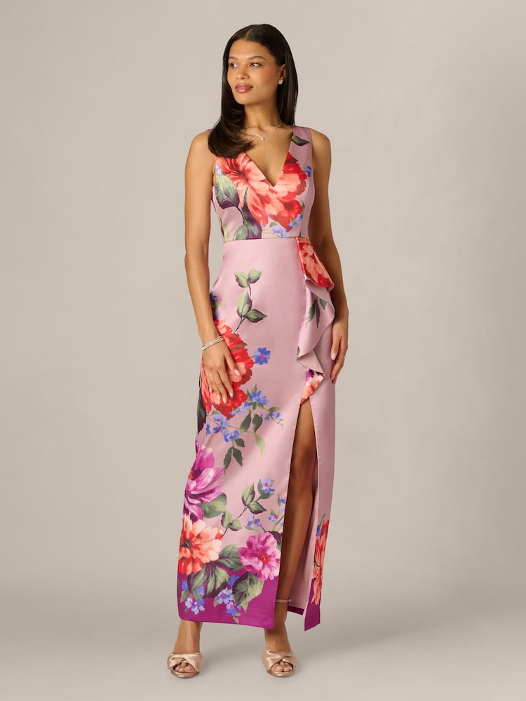 Adrianna Papell Pink Printed Mikado Gown - Image 1 of 6 Adrianna Papell Pink Printed Mikado Gown - Image 1 of 6