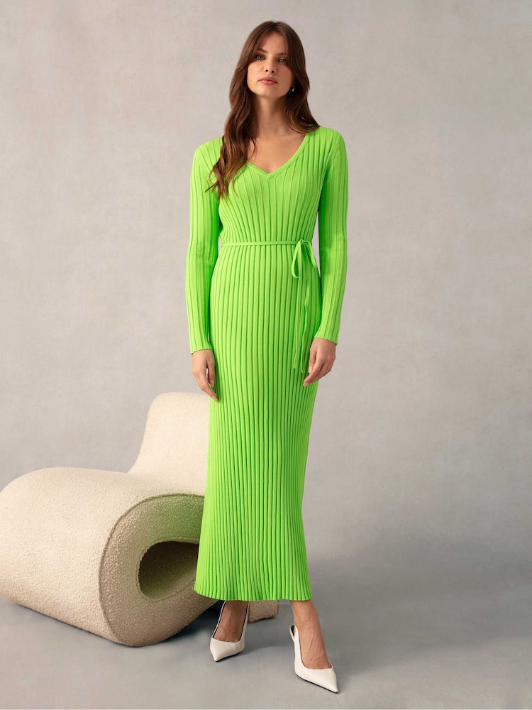 Ro&Zo Green Lime Wide Rib Knit V-Neck Dress - Image 1 of 6 Ro&Zo Green Lime Wide Rib Knit V-Neck Dress - Image 1 of 6
