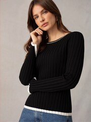 Ro&Zo Wide Rib Knit Contrast Neckband Black Jumper - Image 1 of 6