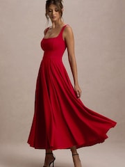 Club L London Red Strappy Volume Hem Midi Dress - Image 4 of 5