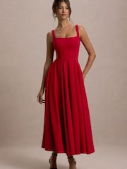 Club L London Red Strappy Volume Hem Midi Dress - Image 5 of 5