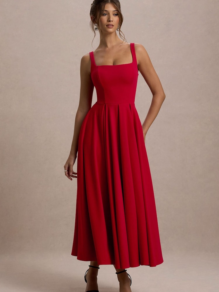 Club L London Red Strappy Volume Hem Midi Dress - Image 5 of 5