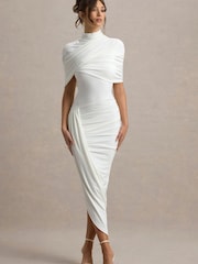 Club L London White Enchant Asymmetric Twisted Cape Midi Dress - Image 1 of 6